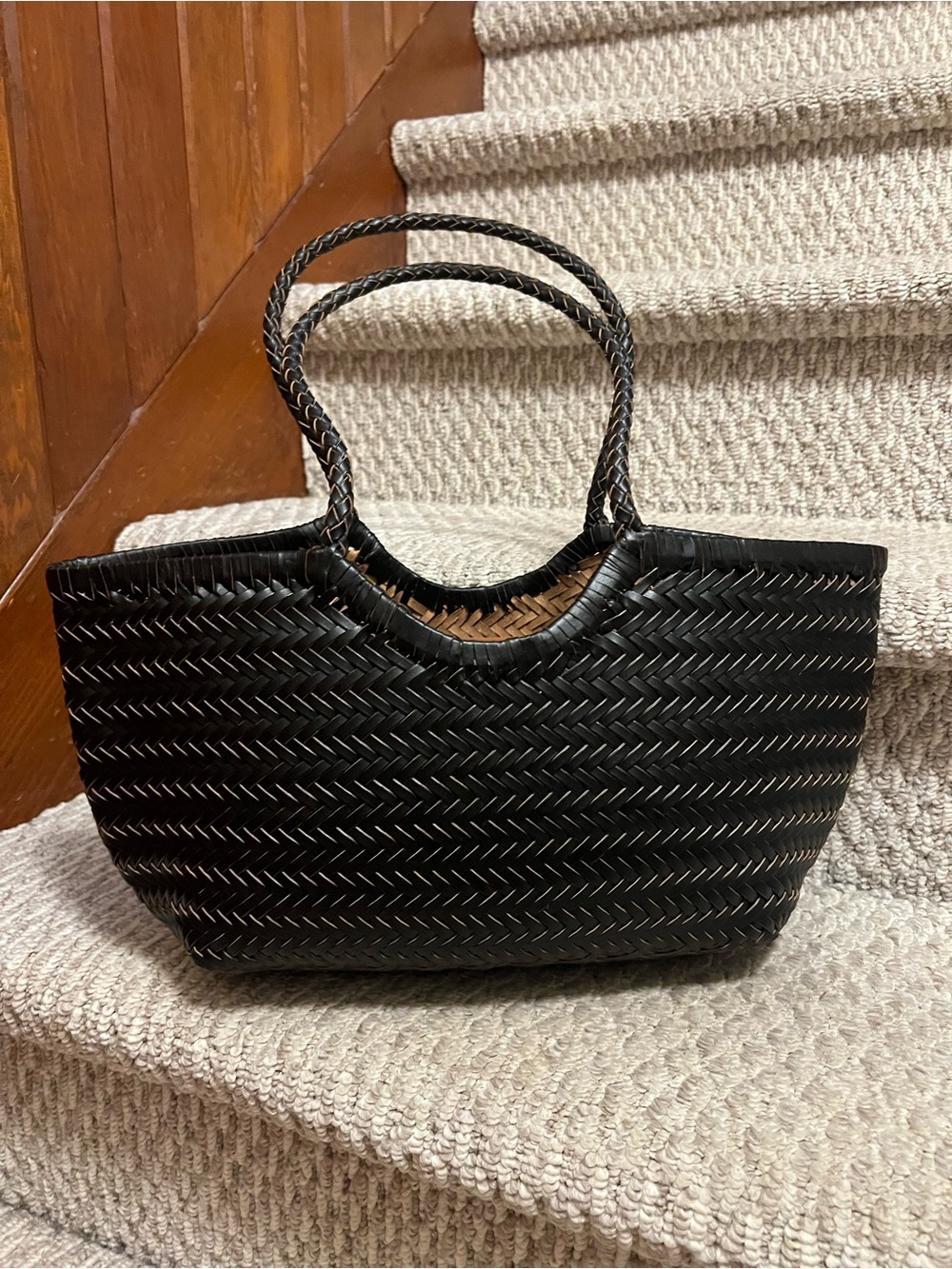 Woven Leather Black Tote Bag